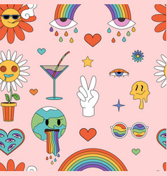 Groovy Psychedelic Stickers Set In Seamless