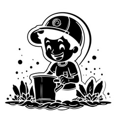 Boy Watering Plants In The Pond On Dark Background