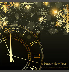 Happy New Year Card With Gold Clock And Snowflakes