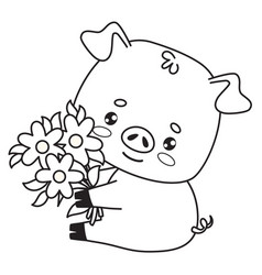 Cute Pig With Bouquet Flowers Happy Outline Animal