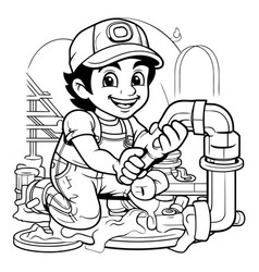 Black And White Cartoon Of Cute Plumber Repairman