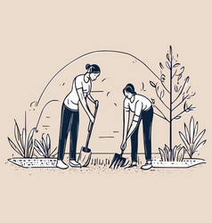 Man And Woman Volunteering Planting Tree Black