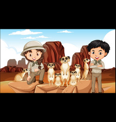 Children With Meerkat Group In Desert Forest