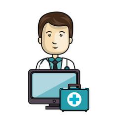 Face Doctor Male With Computer And First Aid