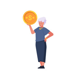 Senior Woman Character Holds Large Golden Coin