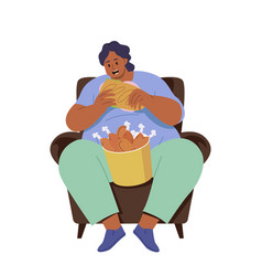 Young Fat Woman Character Eating Fried Chicken