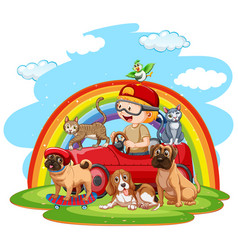 A Boy Driving Car Toy With Many Dogs