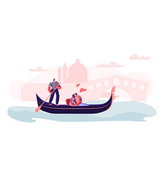 Loving Couple Sitting In Gondola With Gondolier