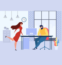 Cartoon Woman Office Table Flirt With Man At Work