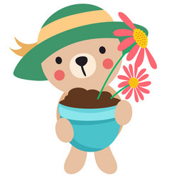 Cute Teddy Bear Holding A Vase With Flowers