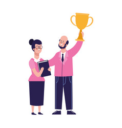 Cartoon Woman And Businessman Holding Up A Trophy