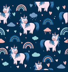 Cute Unicorn With Clouds And Rainbows On A Dark