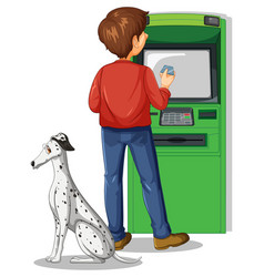 Man Withdraw Money From Atm Machine With A Dog