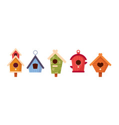 Set Of Wooden Bird Houses Colorful Feeders