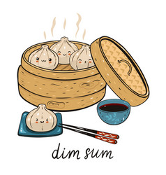 Kawaii Dim Sum In Bamboo Steamer Isolated