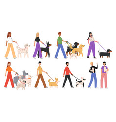 People Walking Dogs Of Different Breeds Set Pets