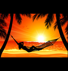 Woman In Hammock Tropical Beach Sunset