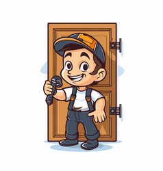 Cartoon Handyman Standing In Front Of The Door