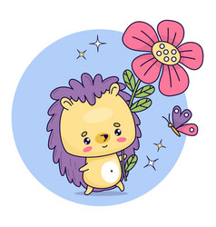 Cute Hedgehog With Flower And Butterfly