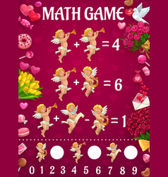 Math Game Worksheet With Valentine Cupids