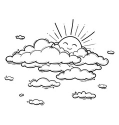 Sun And Cloud Drawing In Engraving Outline Style