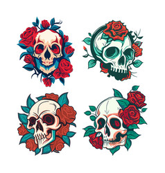 Skull Head Rose Flower Symbol Set Dead Drawing