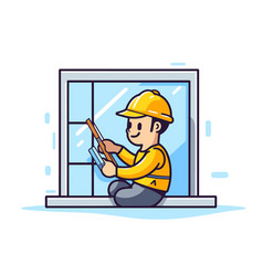 Worker Installing Window In Flat Cartoon Style