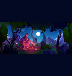 Man In Forest At Night Near Fire Landscape