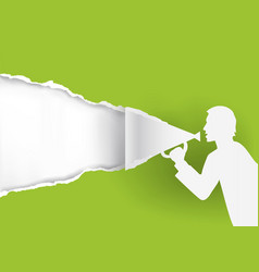 Man With Megaphone Ripping Green Paper