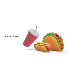 3d Realistic Hot Dog Taco And Soda On White