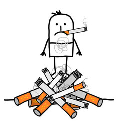 Cartoon Man On A Big Pile Of Cigarettes