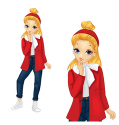 Blonde Girl In Red Jacket And Blouse With Bow