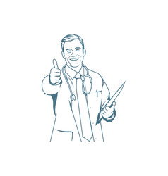 Smiling Doctor With Stethoscope Holding Clipboard