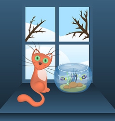 Cartoon Cat And Aquarium With Fishes