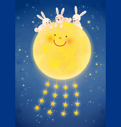 Lovely Smiling Moon With Rabbits