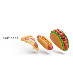 3d Realistic Hot Dog Taco And Pizza On White