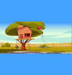 Tree House On Backyard Lawn With Fence Background