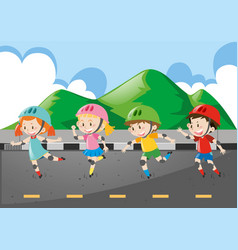 Children Rollerskate On The Road