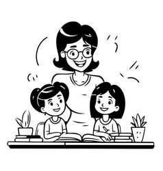 Teacher And Children In A Flat Cartoon Style