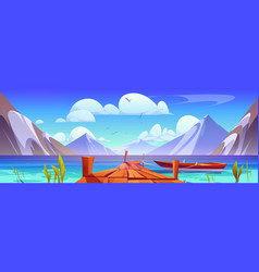 Pier On Lake With Mountain View Cartoon Landscape