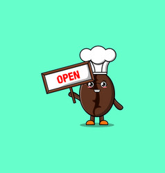 Cute Cartoon Coffee Beans Holding Open Sign Board