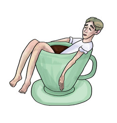 A Boy Lying In Giant Cup Of Coffee