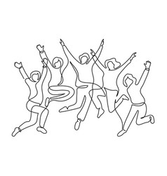 Happy Group Of People Jumping Continuous One Line