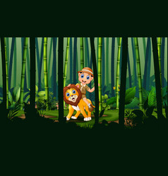 Zookeeper Boy And Lion In Bamboo Forest