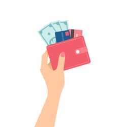 Female Hand Holding Red Wallet With Cash And