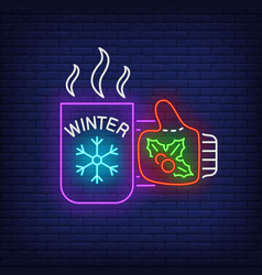 Winter Neon Lettering On Hot Tea Cup Held By Hand