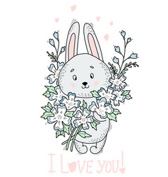 Cute Bunny With Big Bouquet Of Flowers