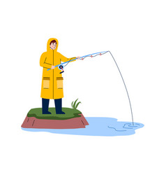 Fisherman Fishing From River Bank With Rod Cartoon