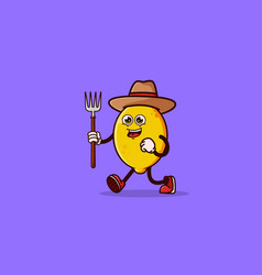 Cute Lemon Farmer Character With Pitchfork Fruit