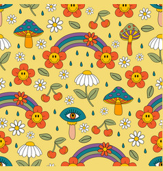 Retro Seamless Pattern With Rainbow Flowers Mush